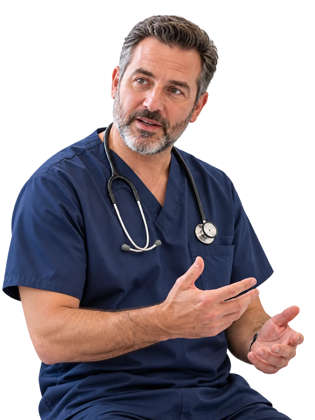 Veterinarian in navy scrubs, mid-conversation